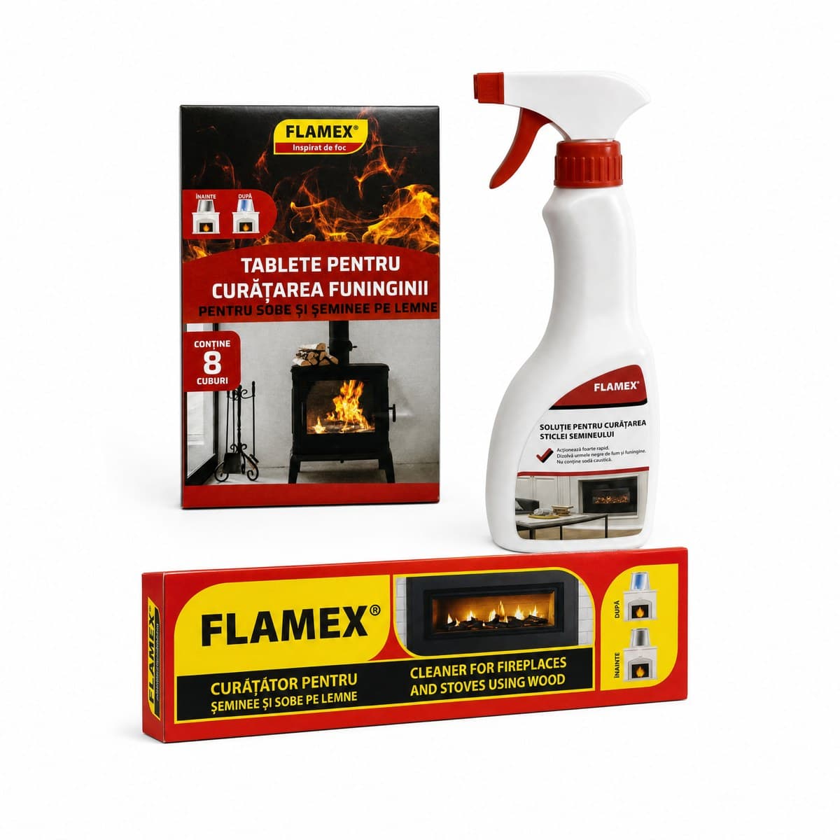 Kit Flamex – Tavolette pulisci-fuliggine 8 cubetti + Pulitore per camini e stufe a legna + Detergente per vetri del camino