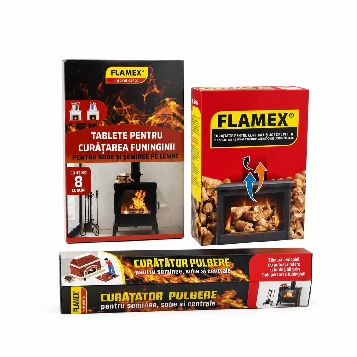Kit Flamex – Pulitore per caldaie e stufe a pellet + Tavolette pulisci-fuliggine 8 cubetti + Pulitore in polvere per camini, stufe e caldaie
