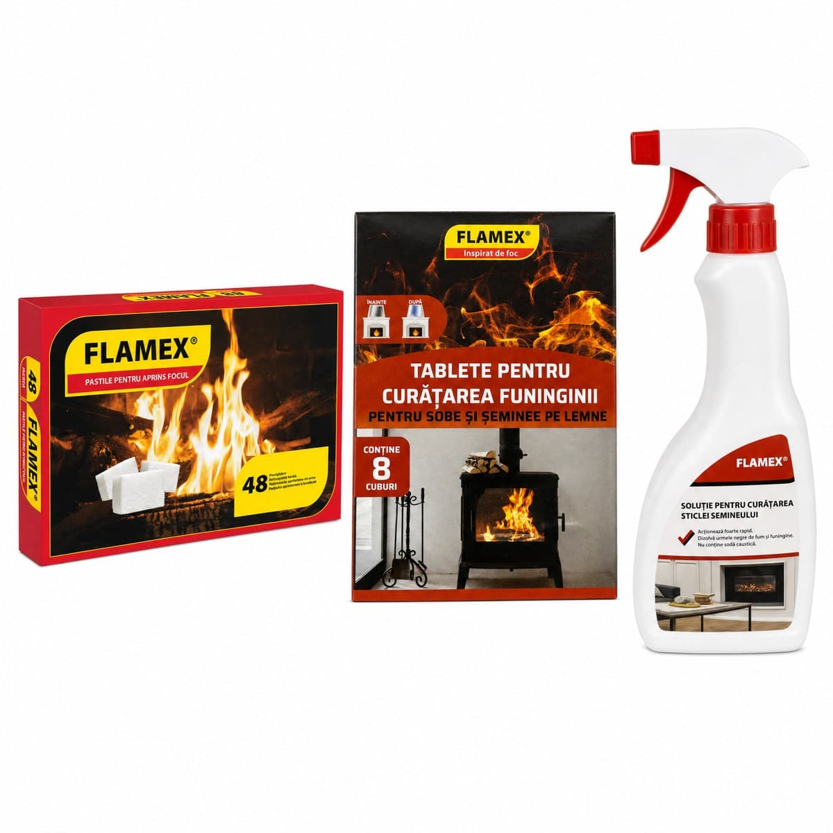 Kit Flamex – Cubetti accendifuoco 48 pezzi + Tavolette pulisci-fuliggine 8 pezzi + Detergente per vetri del camino