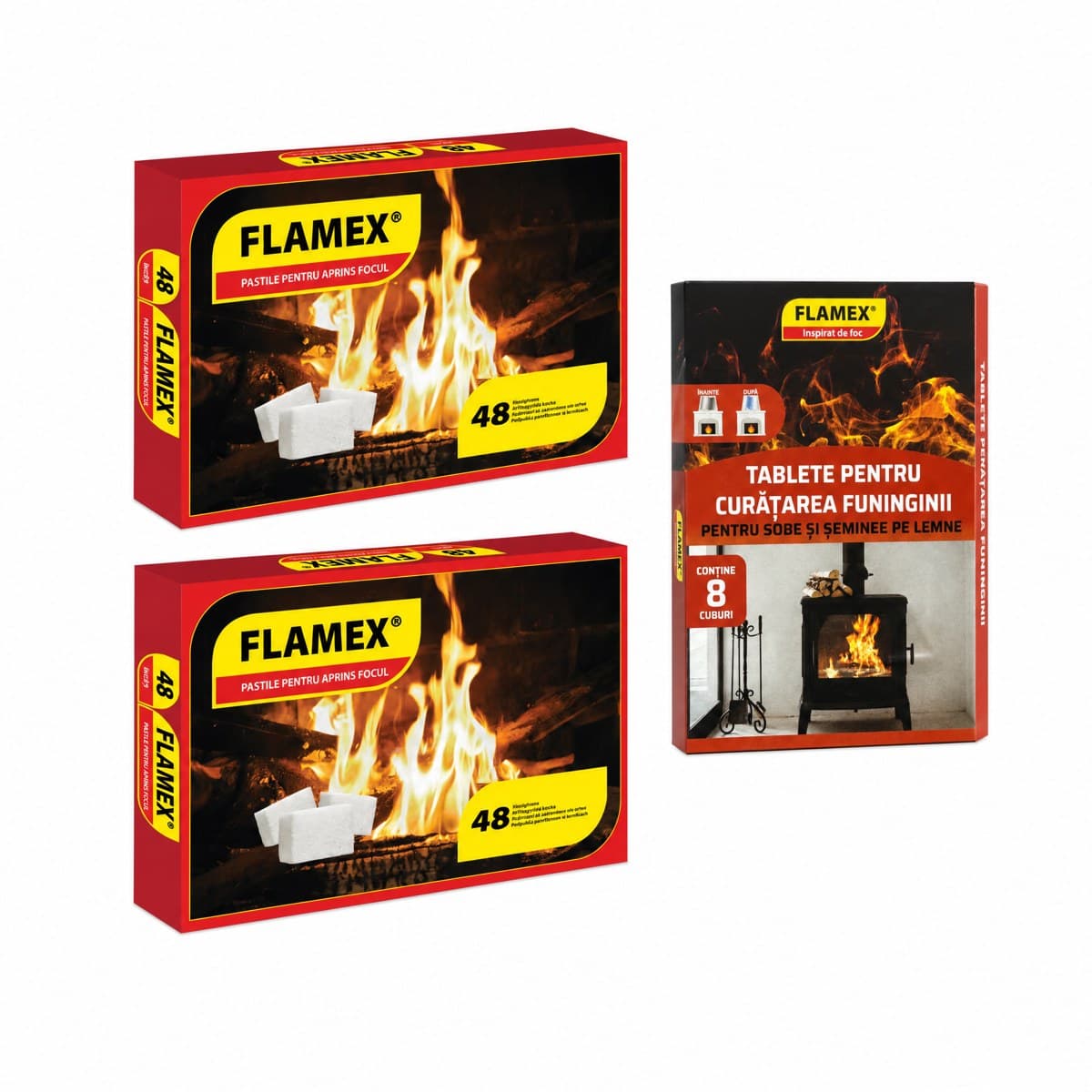 Kit Flamex – 2x Accendifuoco 48 cubetti + Pulitore per fuliggine in tavolette 8 cubetti